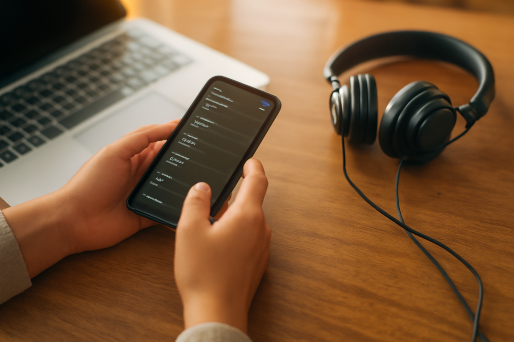 Tangan menyusun urutan lagu di aplikasi playlist pada ponsel di samping laptop dan headphone
