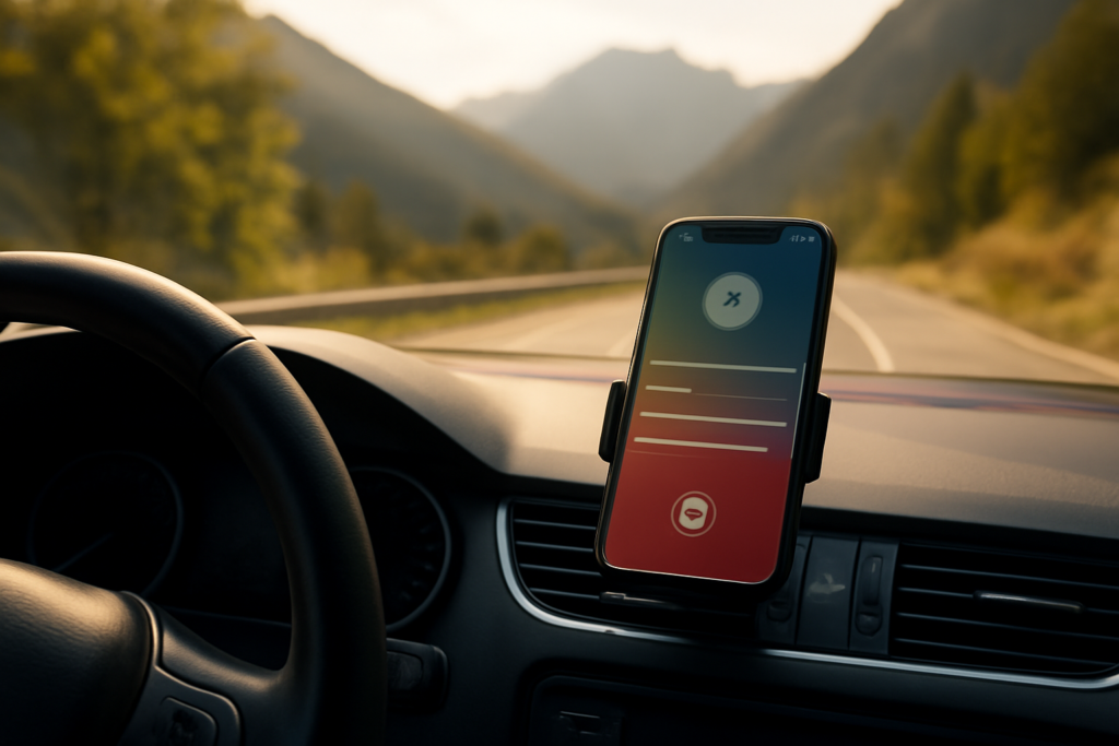 Ponsel di dasbor mobil menampilkan playlist musik untuk perjalanan jauh