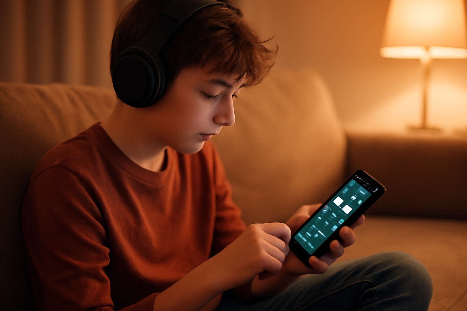 Pemula mendengarkan musik streaming lewat ponsel dengan headphone