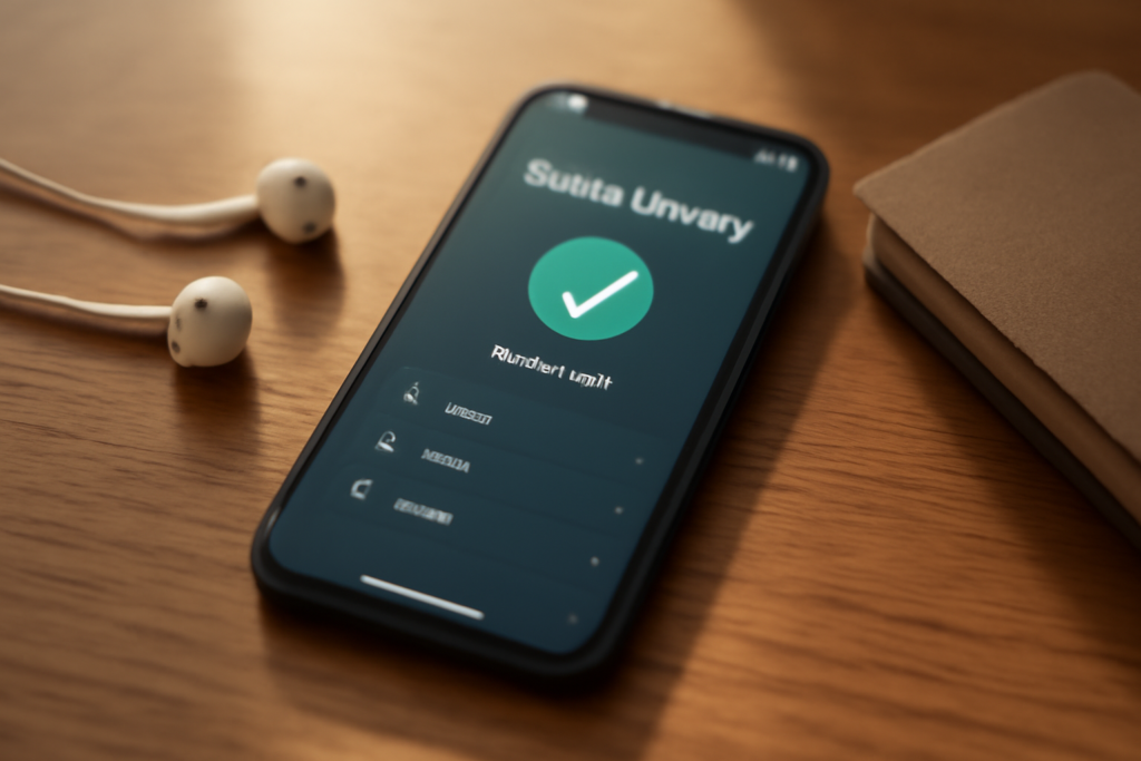 Ponsel dengan aplikasi musik menampilkan tanda unduhan selesai di samping earphone di atas meja kayu