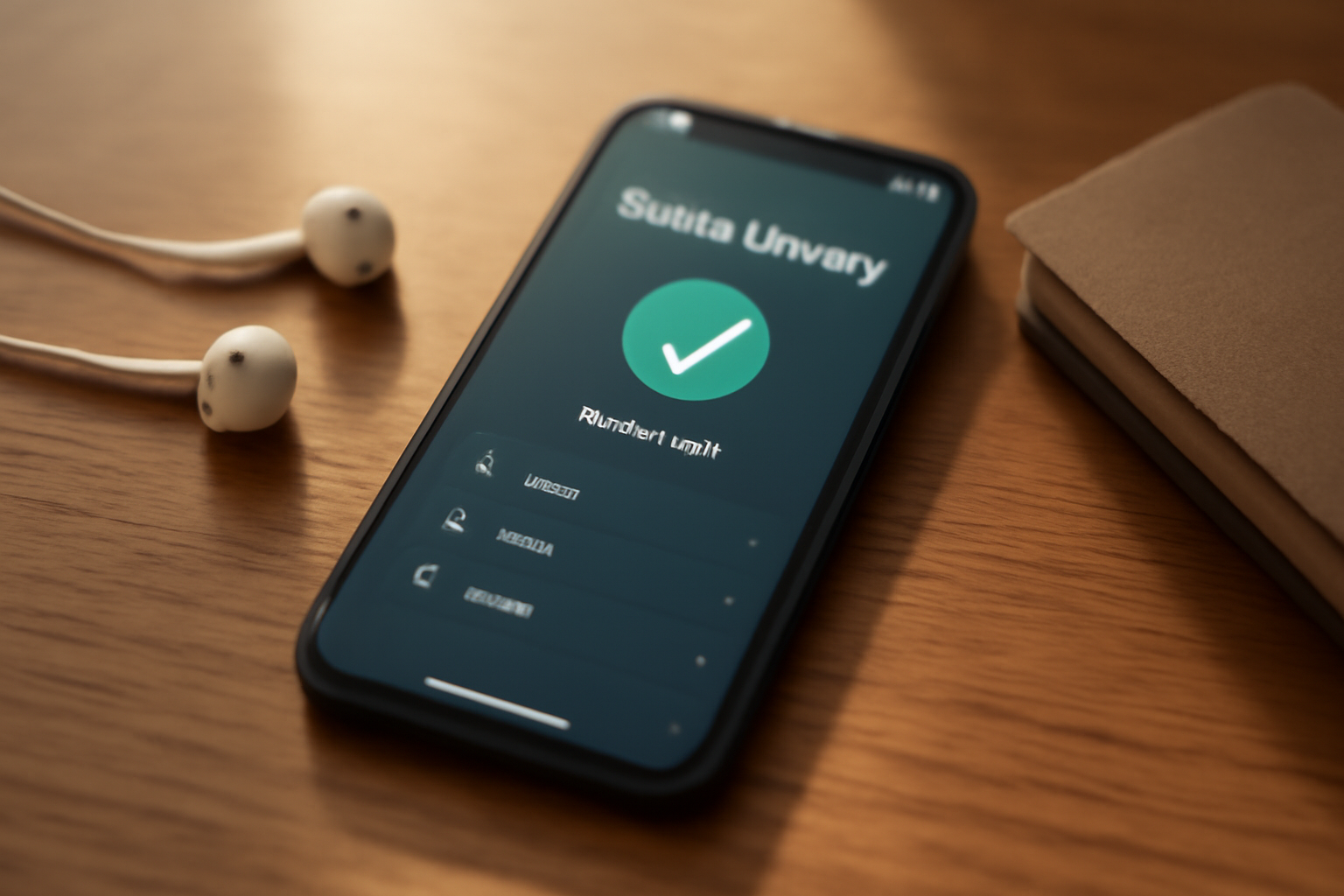 Ponsel dengan aplikasi musik menampilkan tanda unduhan selesai di samping earphone di atas meja kayu
