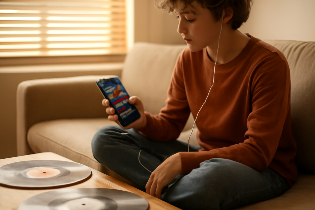 Pemula mendengarkan musik digital lewat ponsel dengan earphone di ruang tamu