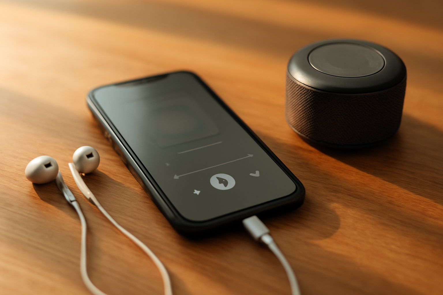 Ponsel dengan aplikasi pemutar musik offline di atas meja kayu bersama headphone
