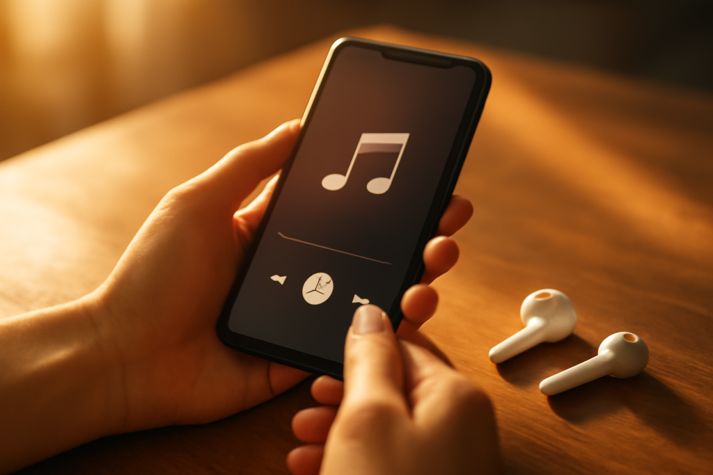 Tangan memegang ponsel dengan aplikasi streaming musik dan earbud di atas meja kayu