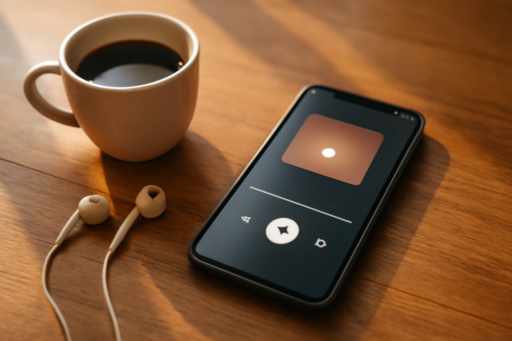 Smartphone menampilkan aplikasi streaming musik di atas meja kayu dengan earphone dan kopi.